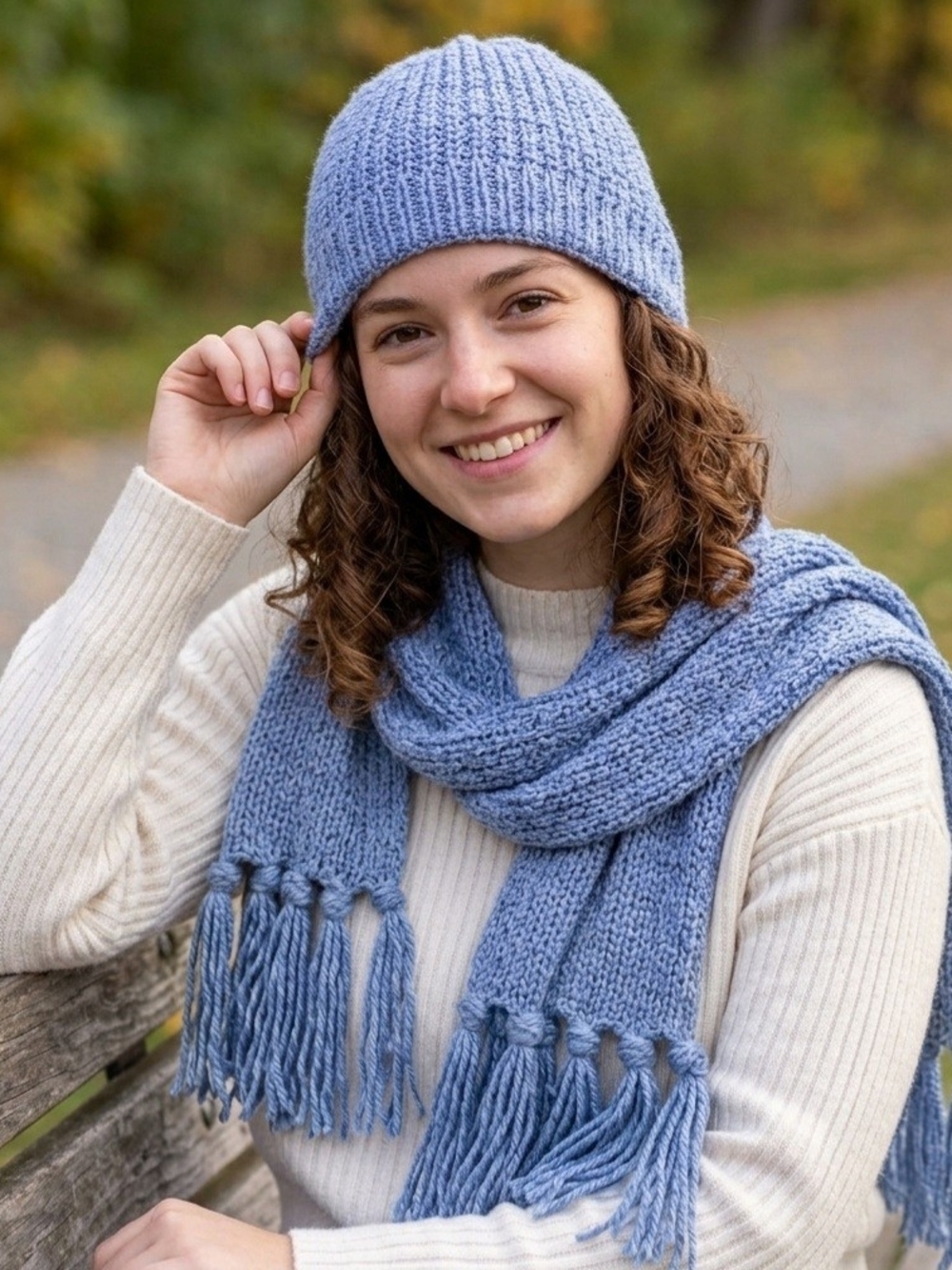 Women's Knit Beanie and Fringe Scarf Set in Light Blue